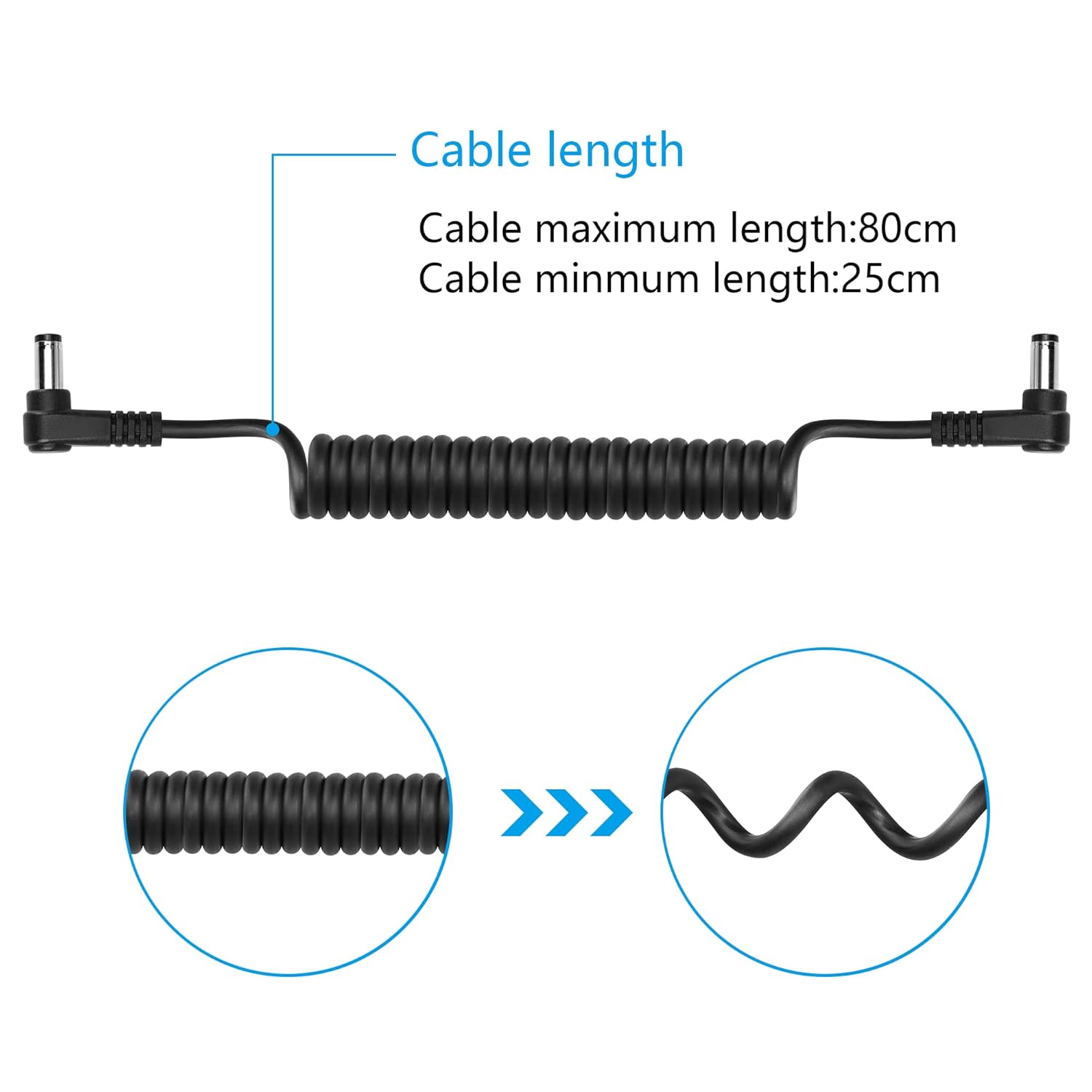 GINTOOYUN DC 5.5MM x 2.1MM 90 Degree Male to Male Plug Cable DC5521 Right Angle Coiled Power Adapter Extension Cord for CCTV Surveillance Security Camera LED Strip etc(2 Pack) - Image 6