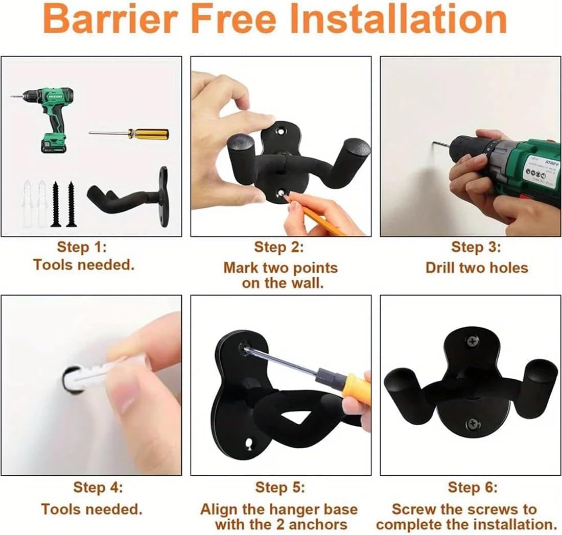 Guitar Wall Hanger Stands Ukulele Wall Mount Violin Hook Keep Holder Display Rack Bracket for Most Guitar Bass Accessories Easy to Install 2 Pack - Image 5