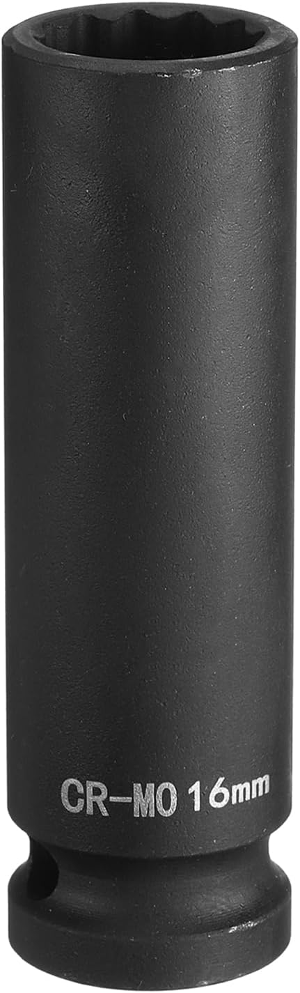 HARFINGTON 12-Point Deep Impact Socket 1/2 Inch Drive 16mm Metric Chrome Molybdenum Alloy Steel Spindle Axle Nut Impact Socket