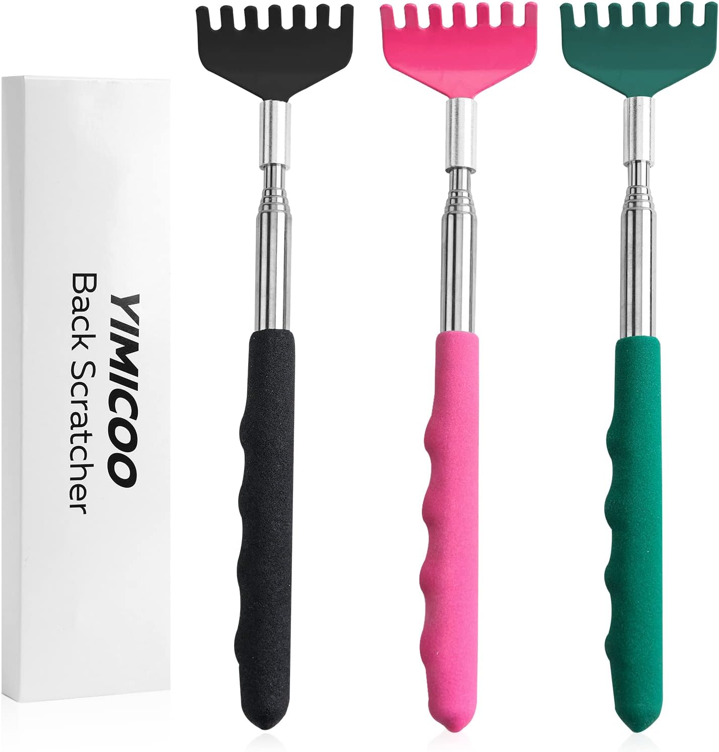 YIMICOO 3 Pack Extendable Back Scratcher, Stainless Steel Portable Telescoping Back Scratchers for Adults Men Women, with Rubber Handles
