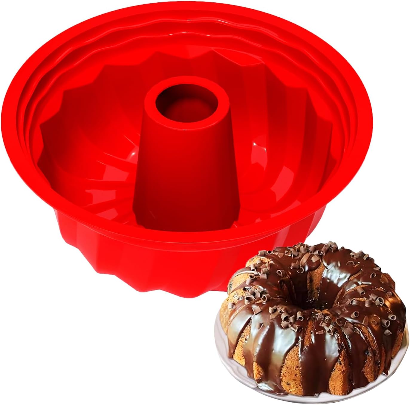 SOV 9.5 inch Silicone cake Pans, Non-stick bundt cake molds, Silicone Bakeware Baking Molds, Perfect for making Cake, Bread, Jello, Gelatin (1, Red) - Image 2