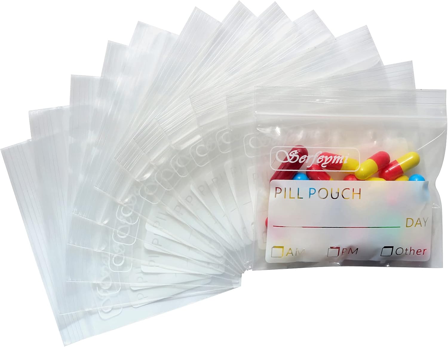 Serfeymi Pill Bags for Travel Pill Pouch Organizer Pack of 540 BPA Free 3 x 2.75 inch Reusable Pill Pouches for Medicine with Write on Label & Zipper Seal Waterproof AM PM Pill Baggies for Supplements