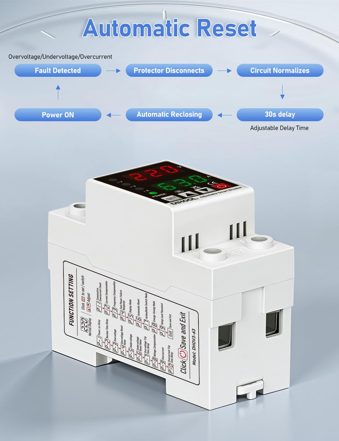 DIHOOL Smart Circuit Breaker with Adjustable Voltage Protection, 70-200V Low and 140-300V High Cutoff, 1-63A Overcurrent Protector, AC Disconnect Switch, DIN Rail Mount - Image 7