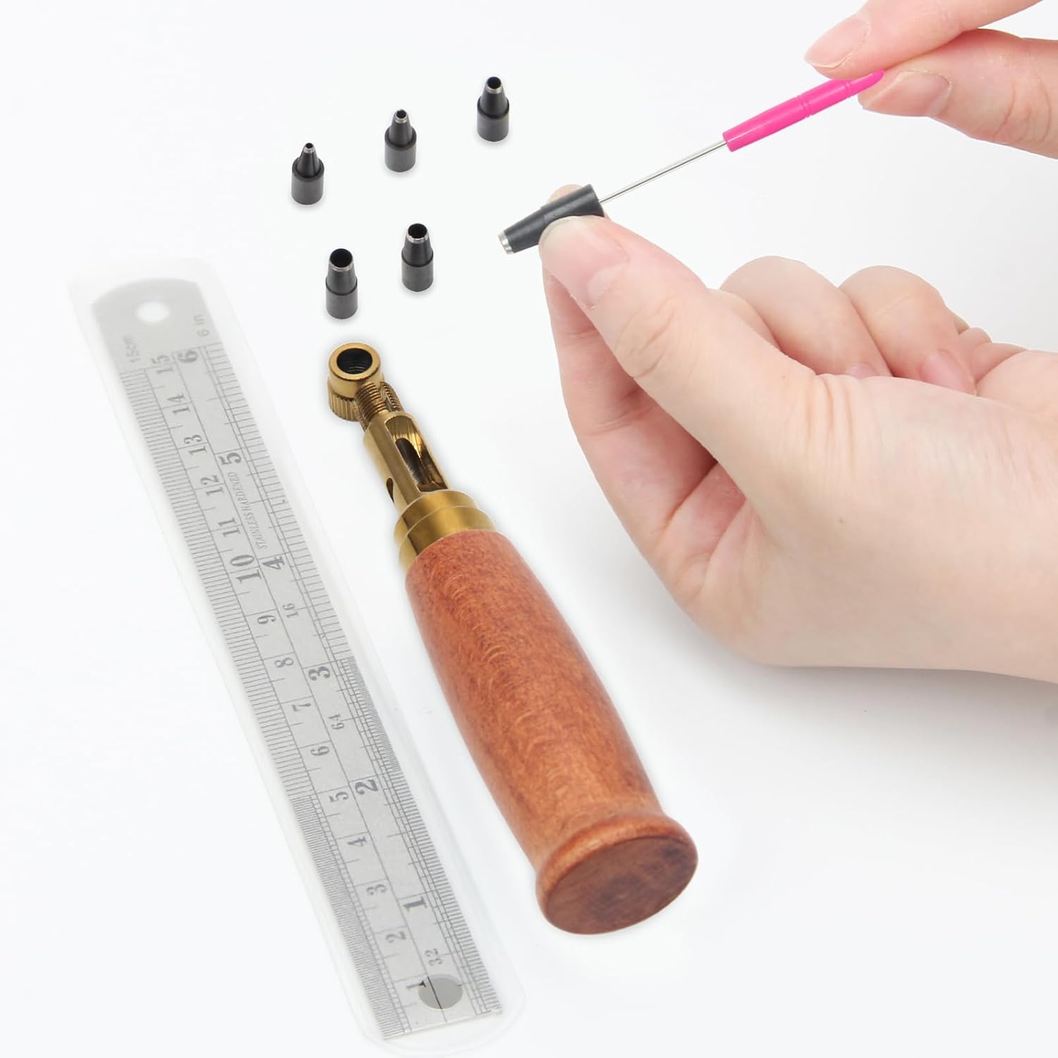 Japanese Screw Punch, Boyistar Wood Handle Belt Hole Puncher, Adjustable Leather Hole Punch Tool (Brown) - Image 3