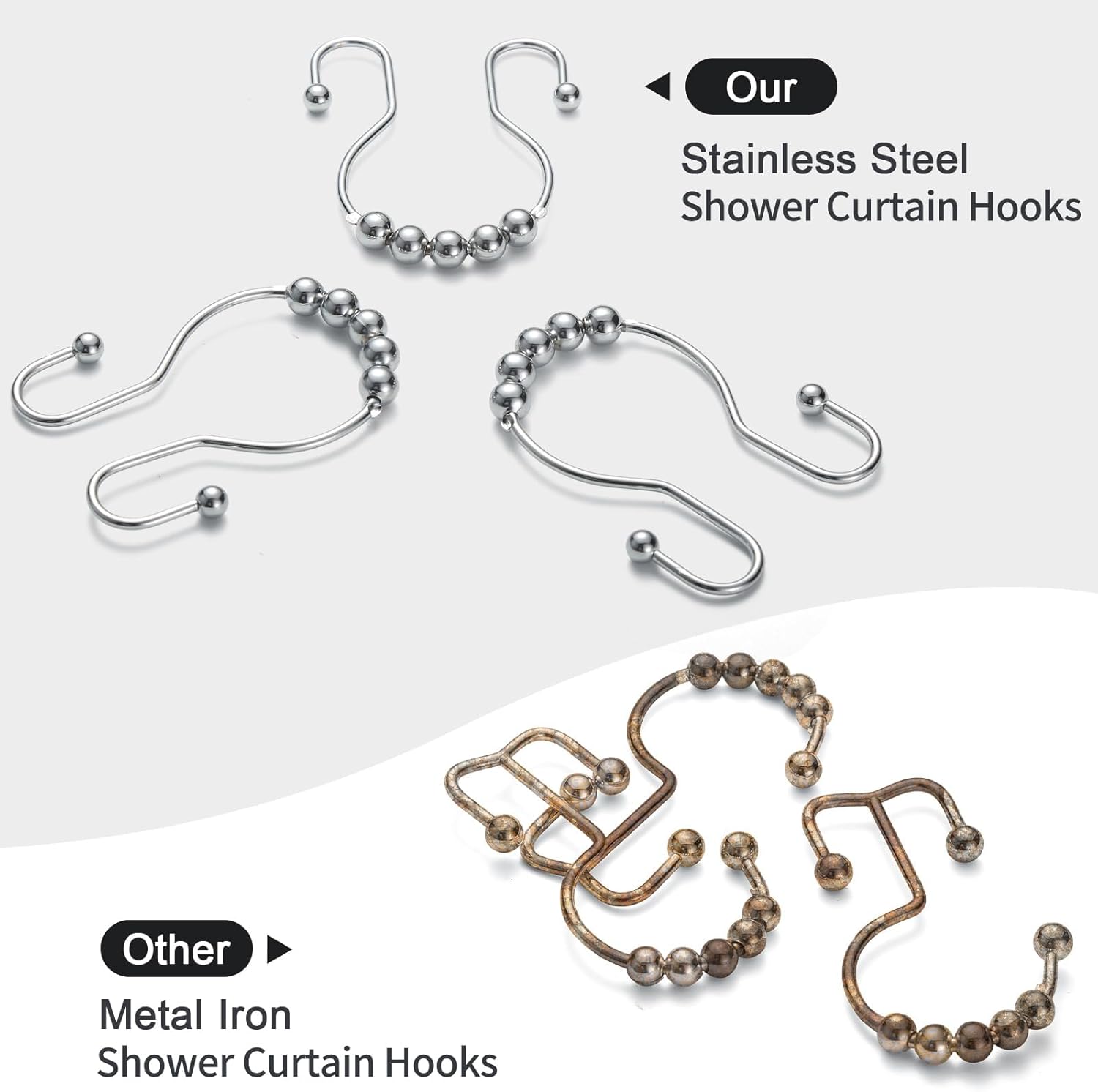 Goowin Shower Curtain Hooks, 12 Pcs Shower Curtain Rings, Stainless Steel Shower Curtain Hangers, Double Hook Shower Curtain Hooks, Smooth Sliding Anti-Drop Shower Rings for Curtain (Chrome) - Image 2