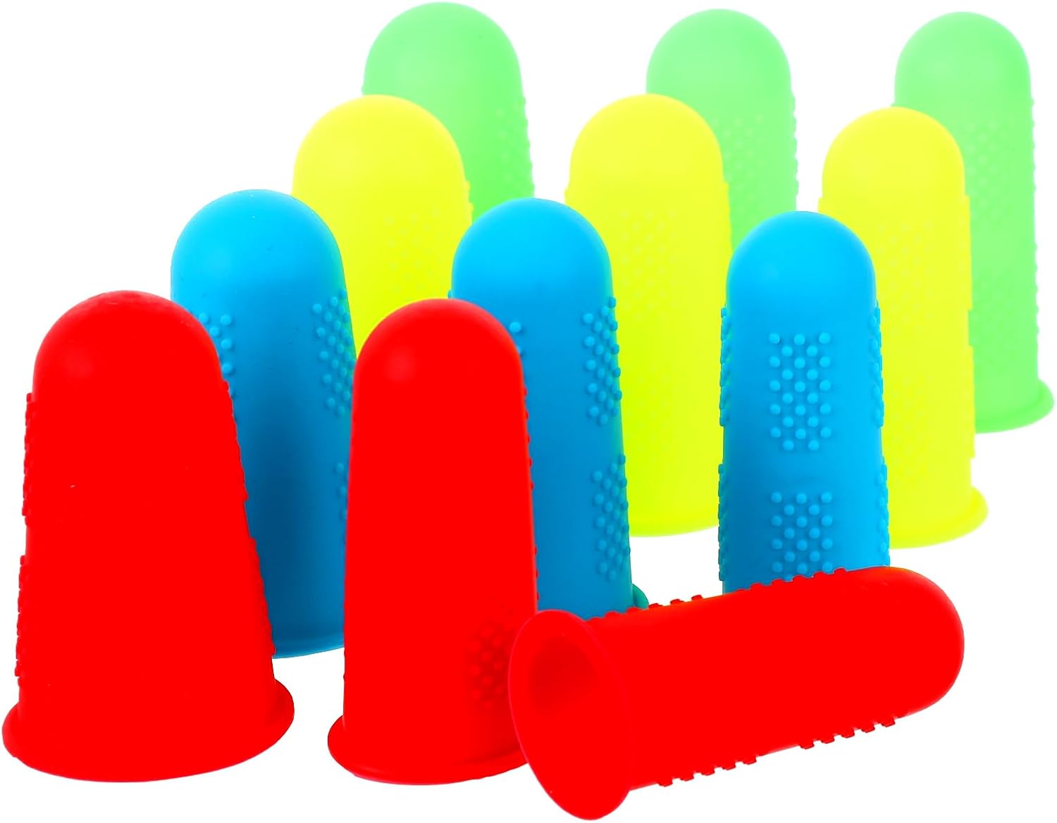12 PCS Silicone Finger Protectors Covers, 3 Sizes Rubber Finger Tips Office Thumb Guard Sleeves Fingers Thimbles Cots for Hand Sewing Hot Glue Embroidery Cutting Ironing (Yellow Red Blue Green)
