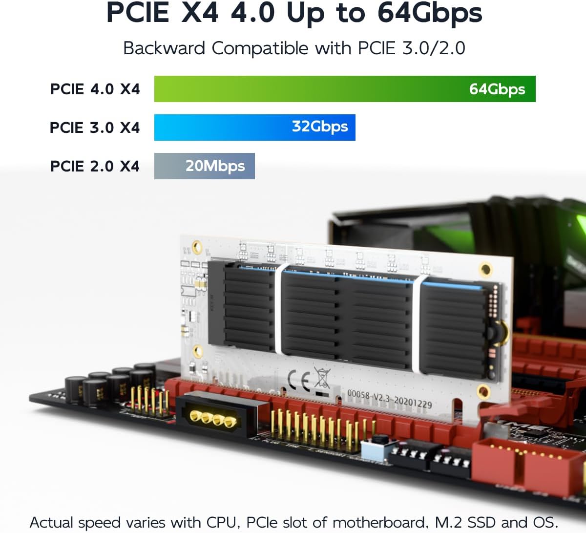 MAIWO M.2 NVMe SSD to PCIe 4.0 X4 X8 X16 Adapter Card with Aluminum Heatsink Max 64Gbps, Expansion Card for M.2 PCIe NVMe/AHCI M-Key B+M Key 2280 2260 2242 2230 SSD, Tool Free - Image 3