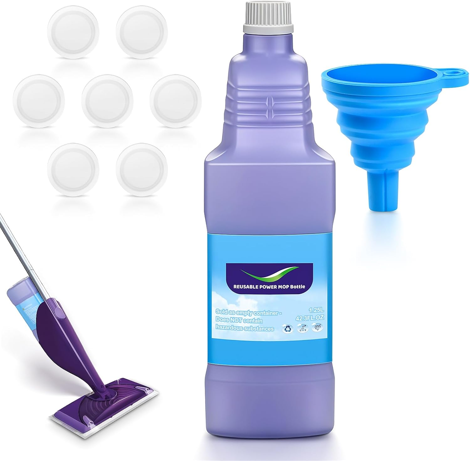 Refillable Replacement Bottle for Swiffer® Wet Jet™ Mop, 1250ml /42 oz, Empty, Leak-Proof HDPE Cleaner Solution Refill Bottle with 7 Silicone Gaskets & 1 Foldable Funnel