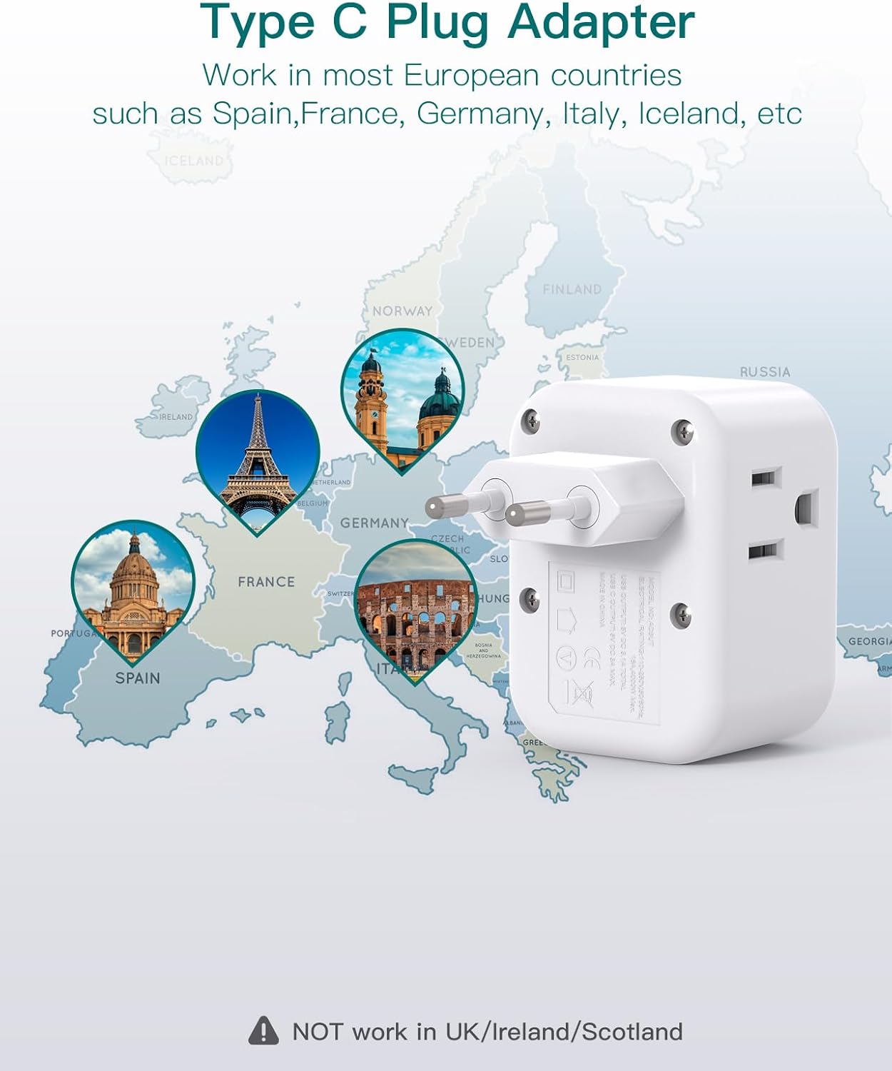 European Travel Plug Adapter, Addtam International Power Adapter with 3 Outlets 3 USB Charging Ports(2 USB C), Type C Adapter Travel Essentials to Most Europe EU Spain Italy France - Image 3