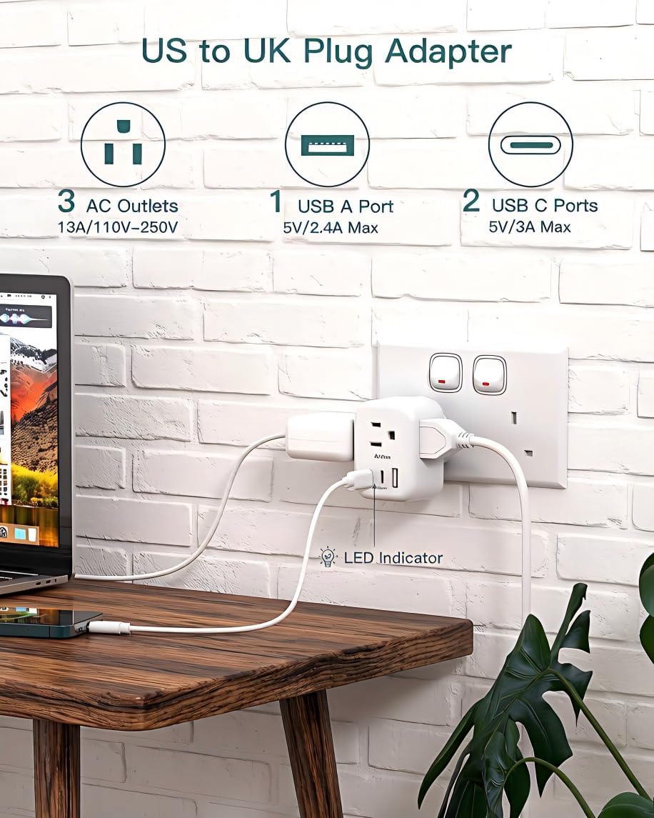 Addtam US to UK Ireland Travel Plug Adapter, Type G Power Plug Adapter with 3 Outlets 3 USB Ports(2 USB C), UK Adapters for Travel for USA to Dubai England London Scotland British Kenya Irish Hongkong - Image 2