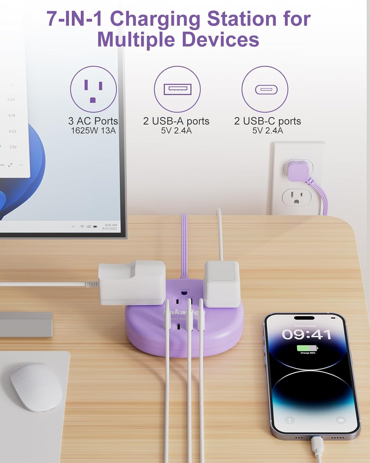 Purple Extension Cord with USB C - 5 FT Flat Power Strip, 1625W Cute Extension Cord with 3 AC Outlet 4 USB (24W/4.8A), Compact for Cute Purple Kawaii Lavender Accessories - Image 5