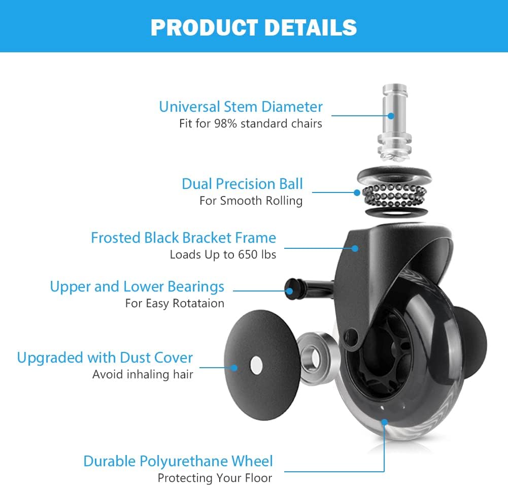 Hirate Office Chair Caster Replacement Upgraded Version to Prevent Fluff and Dust, Heavy Duty Desk Chair Casters Rolling Smooth Safe for Hardwood, Tile & Carpet Universal Fit 7/16" x 7/8" - Image 7