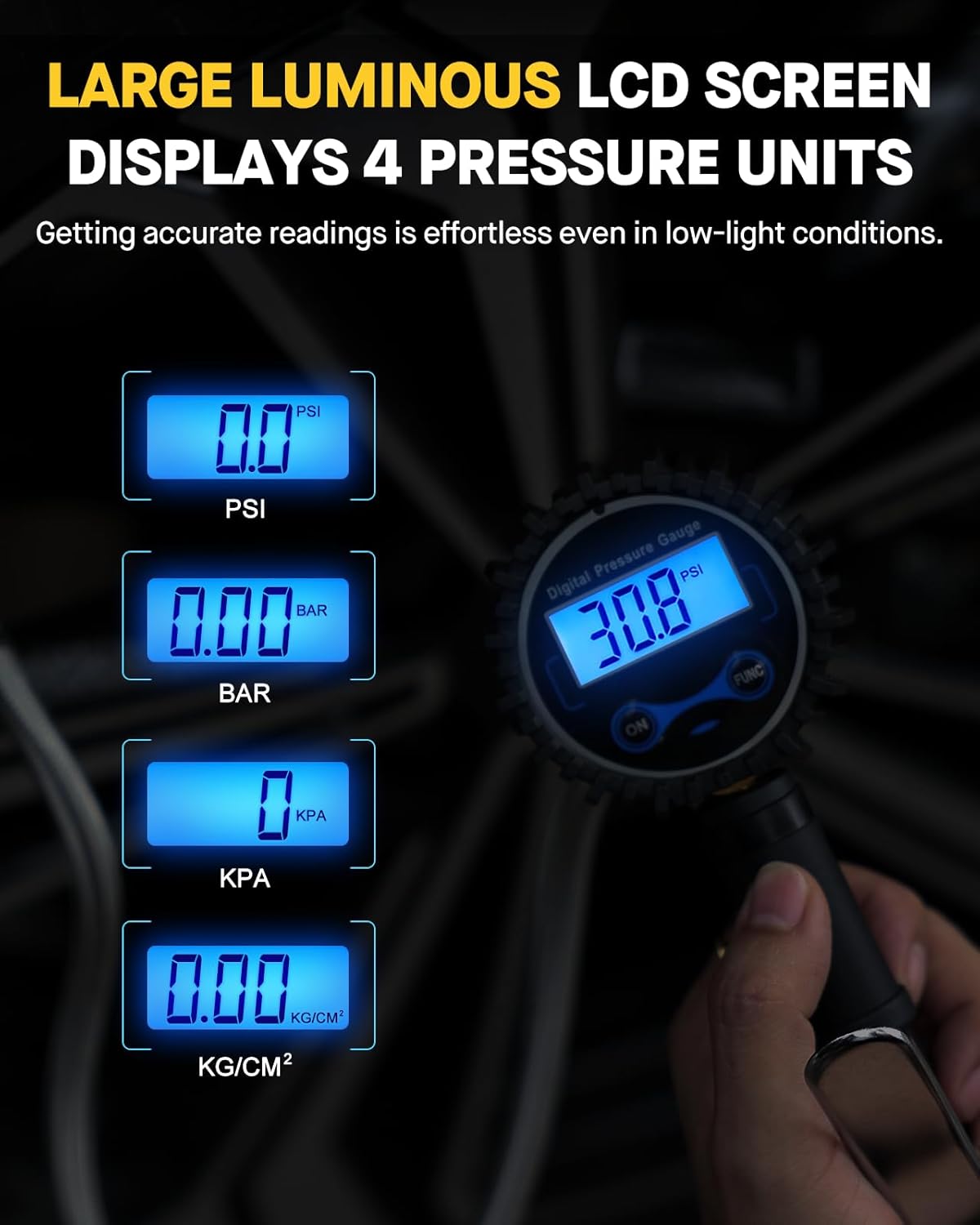 Vondior Digital Tire Inflator with Pressure Gauge 200 PSI - Large 2" Digital Dial, Heavy Duty Air Chuck and Compressor Accessories with Tire Tread Depth Gauge and Quick Connect Coupler Car Accessories - Image 5