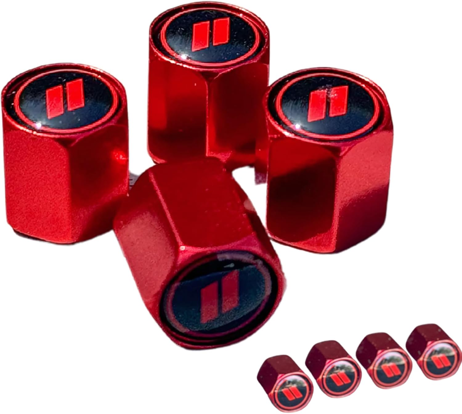 TACTILIAN Red Tire Valve Stem Caps for Dodge Tire Valve 4 Pack | Leakproof Aluminum Tire Valve Caps with Rubber O-Ring Compatible with Dodge Valve Stem Caps for Challenger, Charger, Ram, Durango