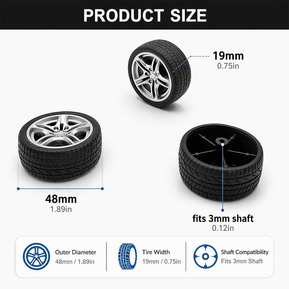 10PCS Toy Car Wheel 48mm Toy Car Rubber Tire Wheels with 5PCS Shaft Round Rod Axles for RC Car Truck Robot DIY Model Toy Parts - Image 4