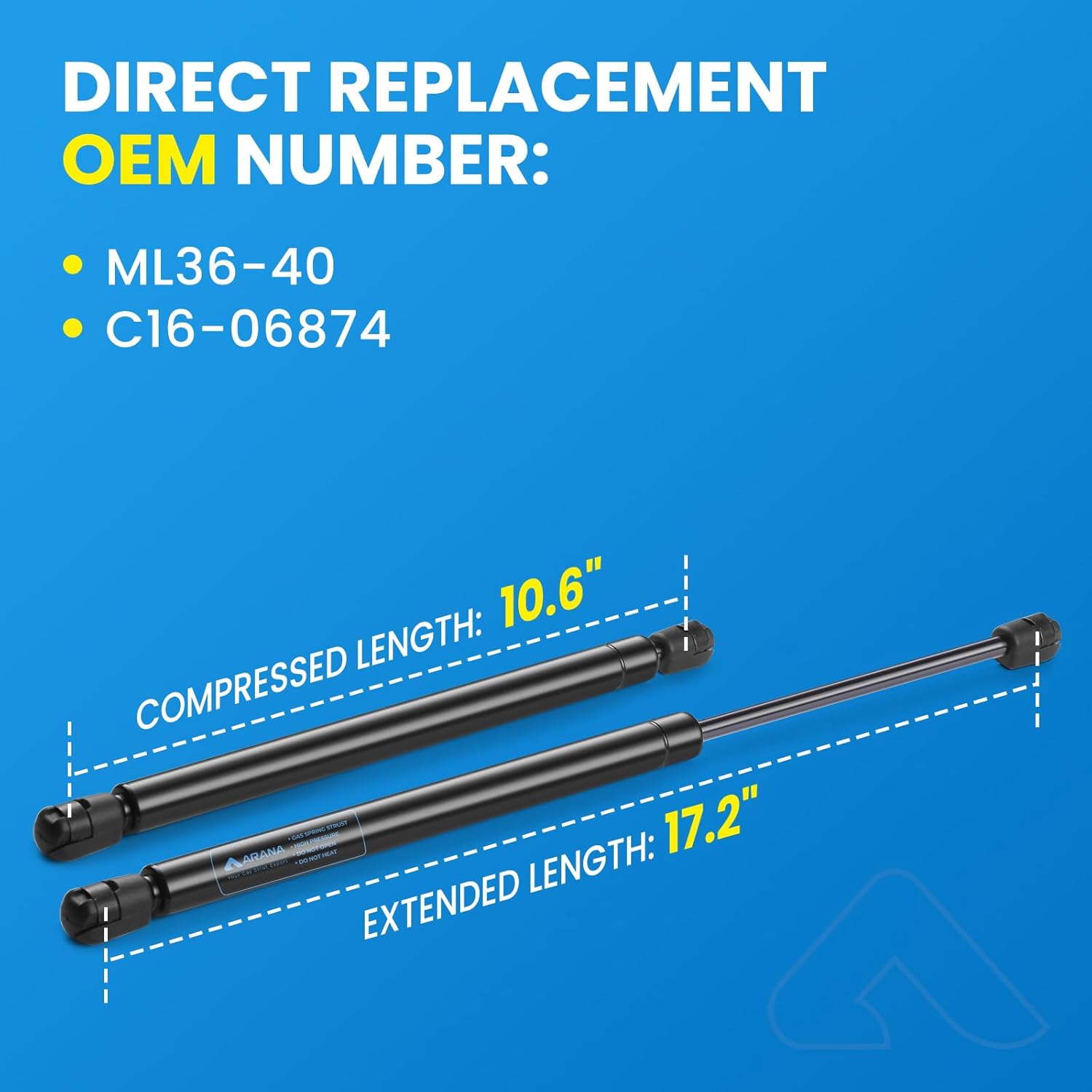 ARANA C16-06874 17 inch 40Lb Gas Struts, Leer Topper Gas Struts c16-33312, ML36-40 17" Lift Support Shocks Spring for Camper Shell Truck Canopy Cap Toolbox Lid GSNI-5200-40#LGP6-170-40, 2Pcs - Image 2