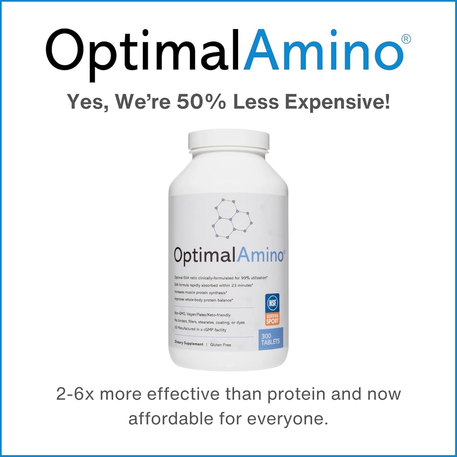 OptimalAmino Tablets (300 Count) | 99% Utilized Essential Amino Acids (EAA) Supplement, Increase Muscle Recovery, BCAA Protein Pre/Post Workout | NSF Certified for Sport® Certified - Image 7