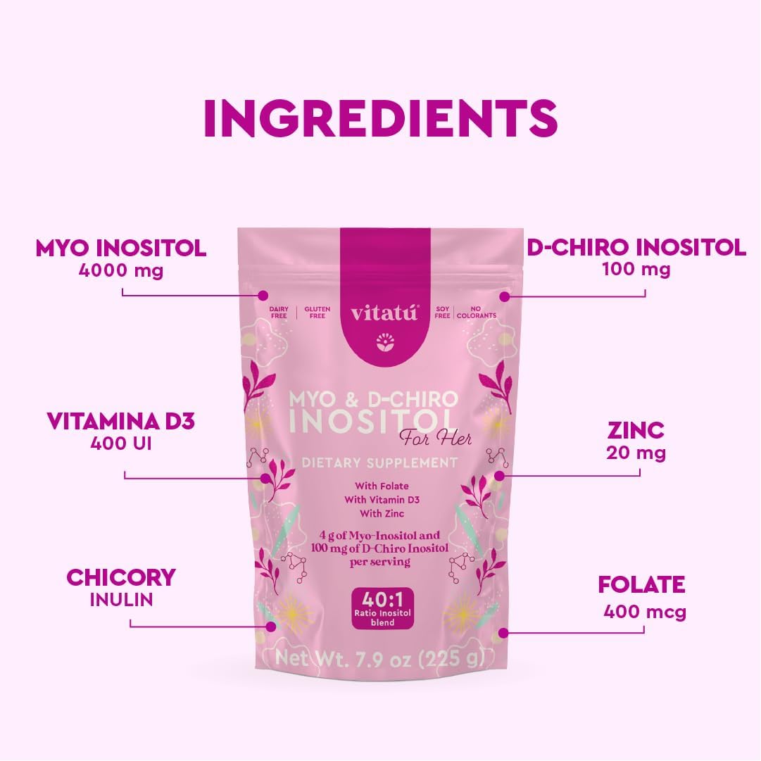 Vitatú | Myo Inositol (4g) & D-Chiro Inositol (1g) Ideal Mix 40:1 | Duration 45 Days | with Folic Acid + Vitamin D3 + Zinc, Powdered Dietary Supplement for Women (225 g) - Image 2