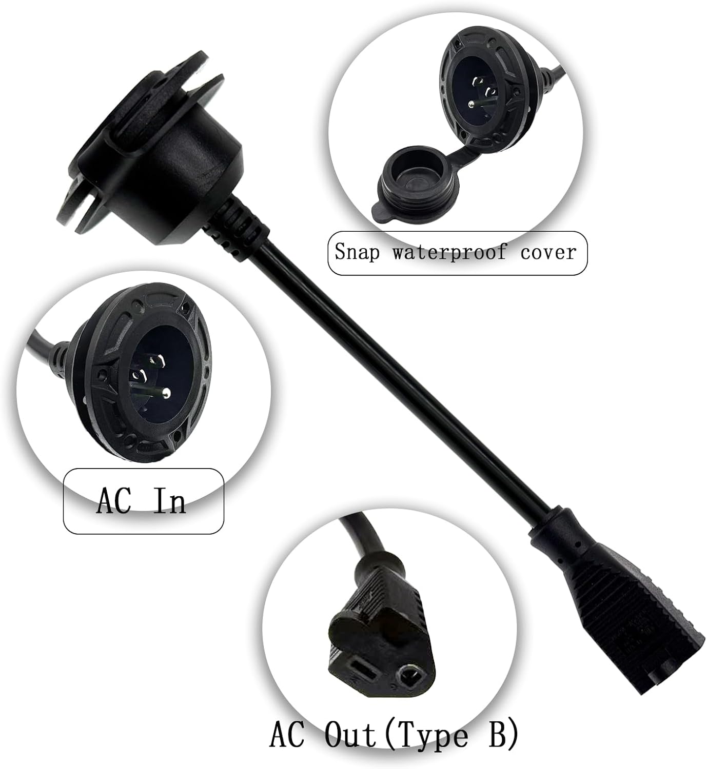 RV Shore Heavy-Duty Power Inlet Charger Outlet, 20A 125V AC Port Plug,12AWG with 5-in-1 T-Blade Adapter & 16'' Extension Cord, for RV Power Inlet Trailer Plug - Image 3