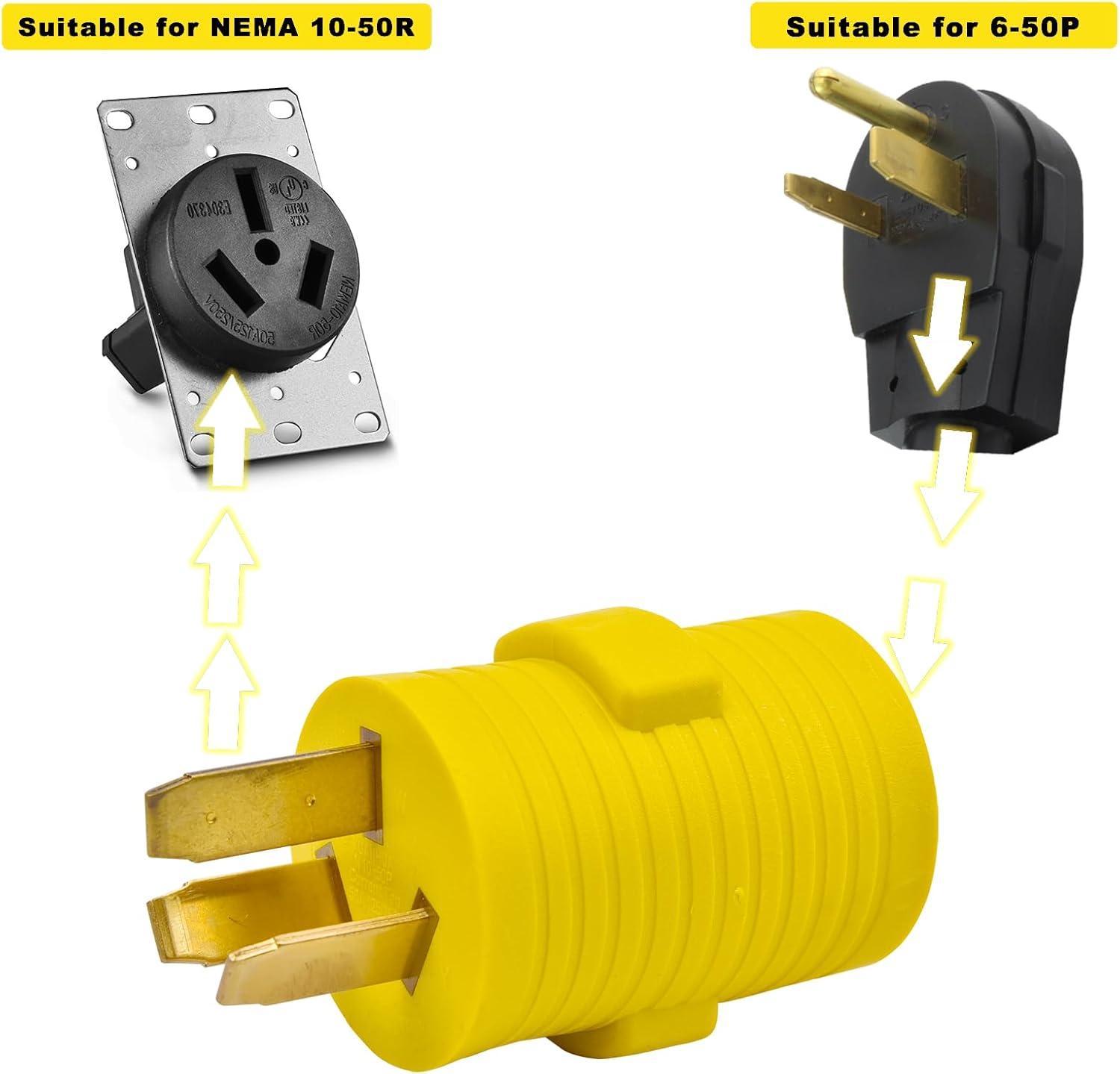 50A 240V Adapter NEMA 10-50P to 6-50R – Heavy Duty Power Cord for Welder Plasma Cutter Dryer EV Charger, 50 Amp 12500W, Yellow Safety Design (Not for RV) - Image 3
