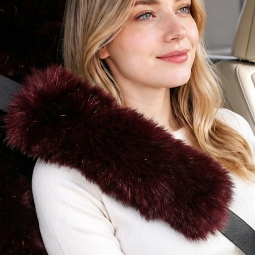 OGLAND Fuzzy Sheepskin Seat Belt Cover, Fluffy Seatbelt Pad for Plush Wool Adults Women Pet Universal Car Accessories 2 Pack (Dark Red) - Image 2