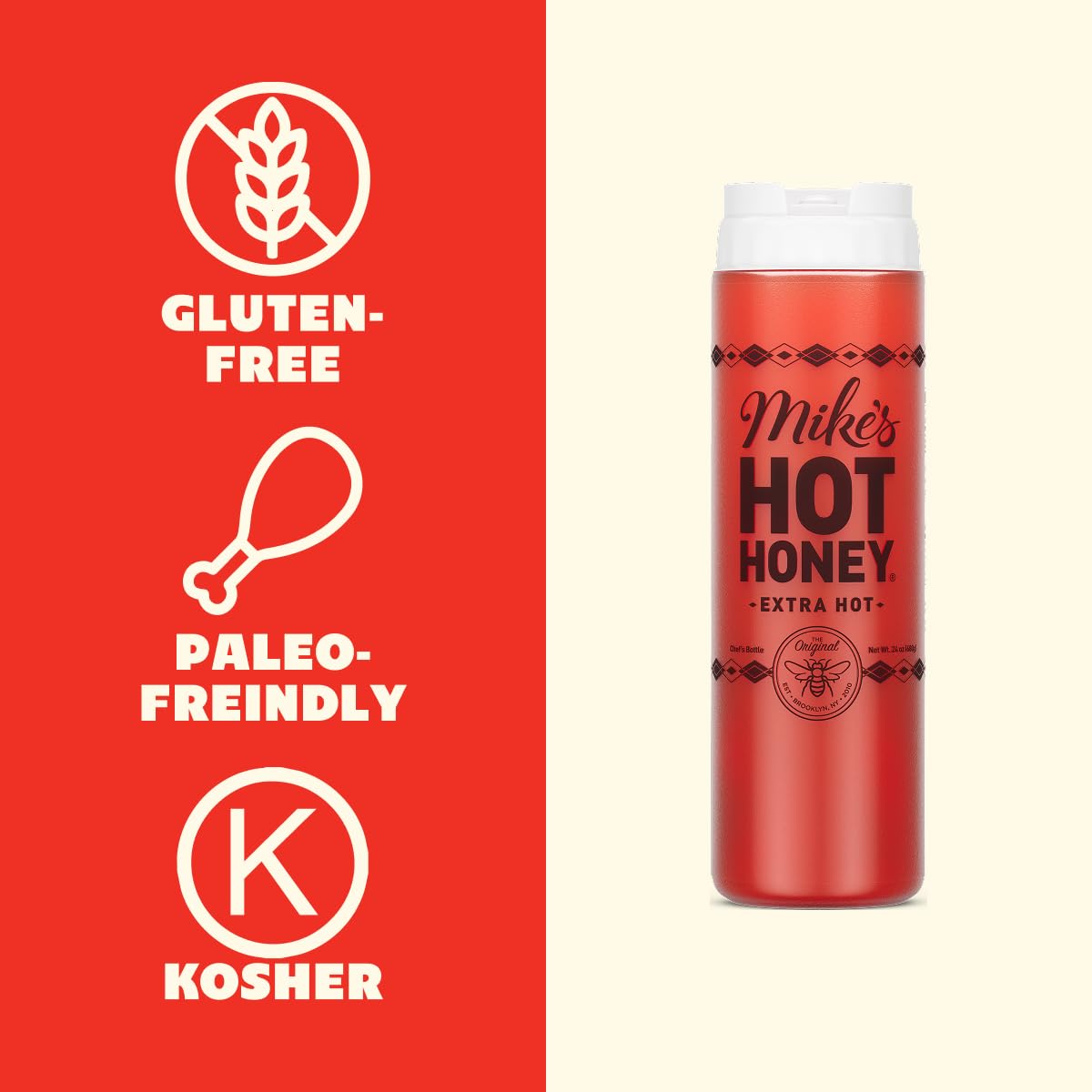 Mike's Hot Honey, Extra Hot, America's #1 Brand of Hot Honey, Spicy Honey Infused with Chili Peppers, Gluten-Free, Paleo-Friendly, Sweet Heat, Perfect for Hot Sauce Lovers (24oz Chef's Bottle, 1 Pack) - Image 6