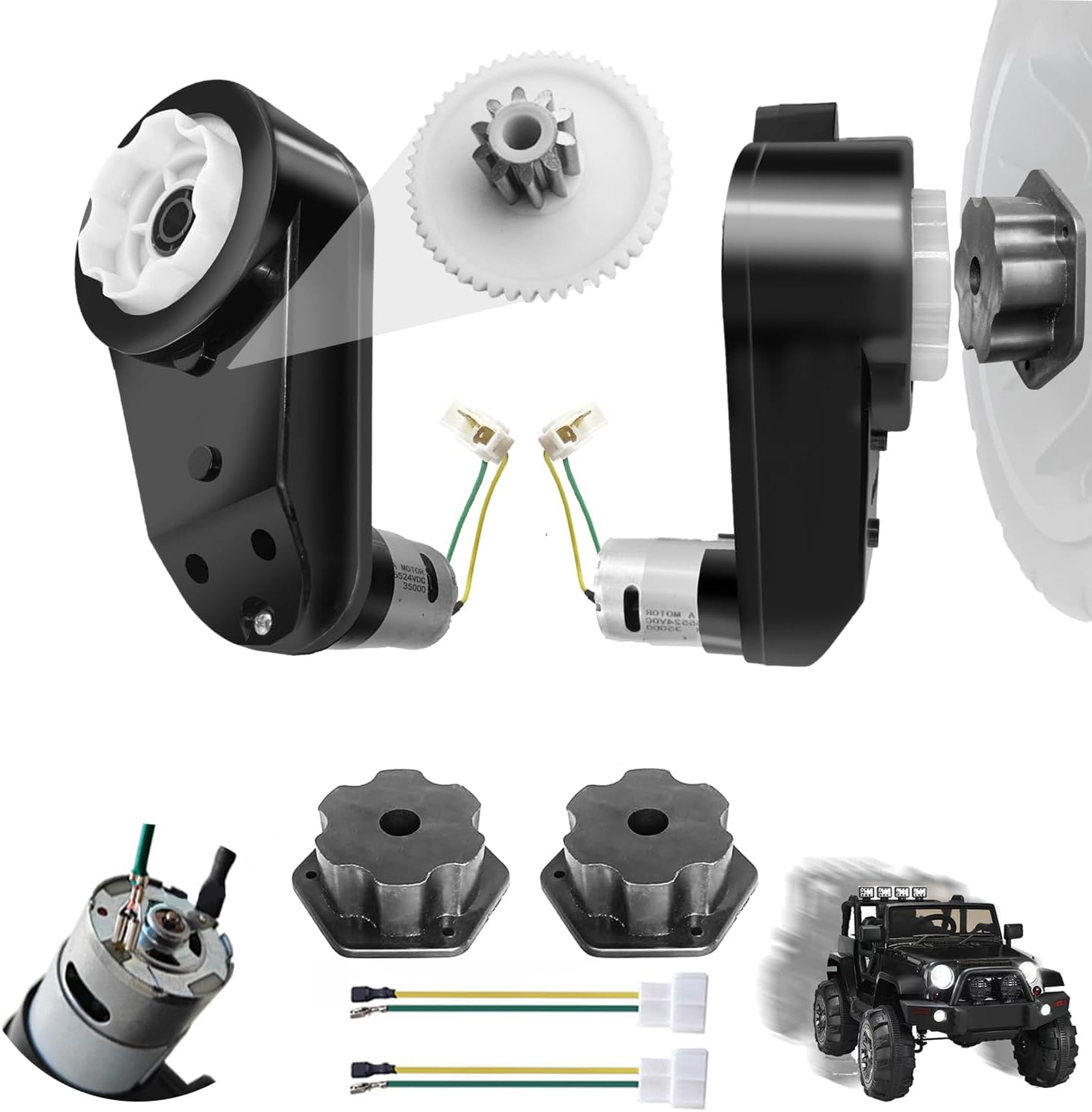 JRRXM 2PCS High Speed 24V RS555 35000RPM Fast Steel Gears Motor Gearbox for Power Wheels Motor Upgrade,18V-24V Kids Ride on Toy Electric Car Conversion Kit for Tire Upgrade,Free Connector Coupler