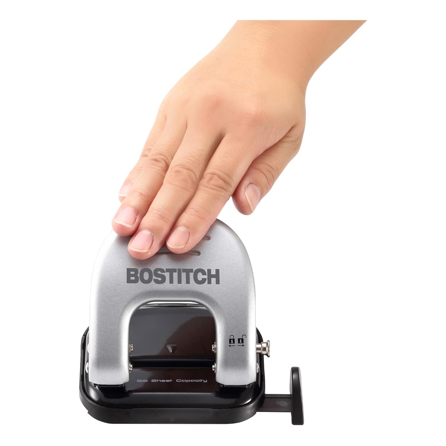 Bostitch Office EZ Squeeze Reduced Effort 2-Hole Punch, 2 Sheets, Locking Handle, Silver (231) - Image 2