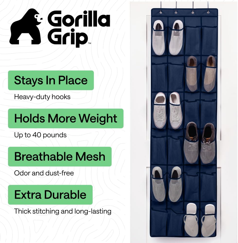 GORILLA GRIP Over the Door Shoe Organizer, 24 Large Breathable Mesh Pockets, Space Saving Hanging Storage Holder, Closet Rack Hanger Holds Up to 40 lbs, Hangs on Closets for Shoes, Accessories, Navy - Image 2