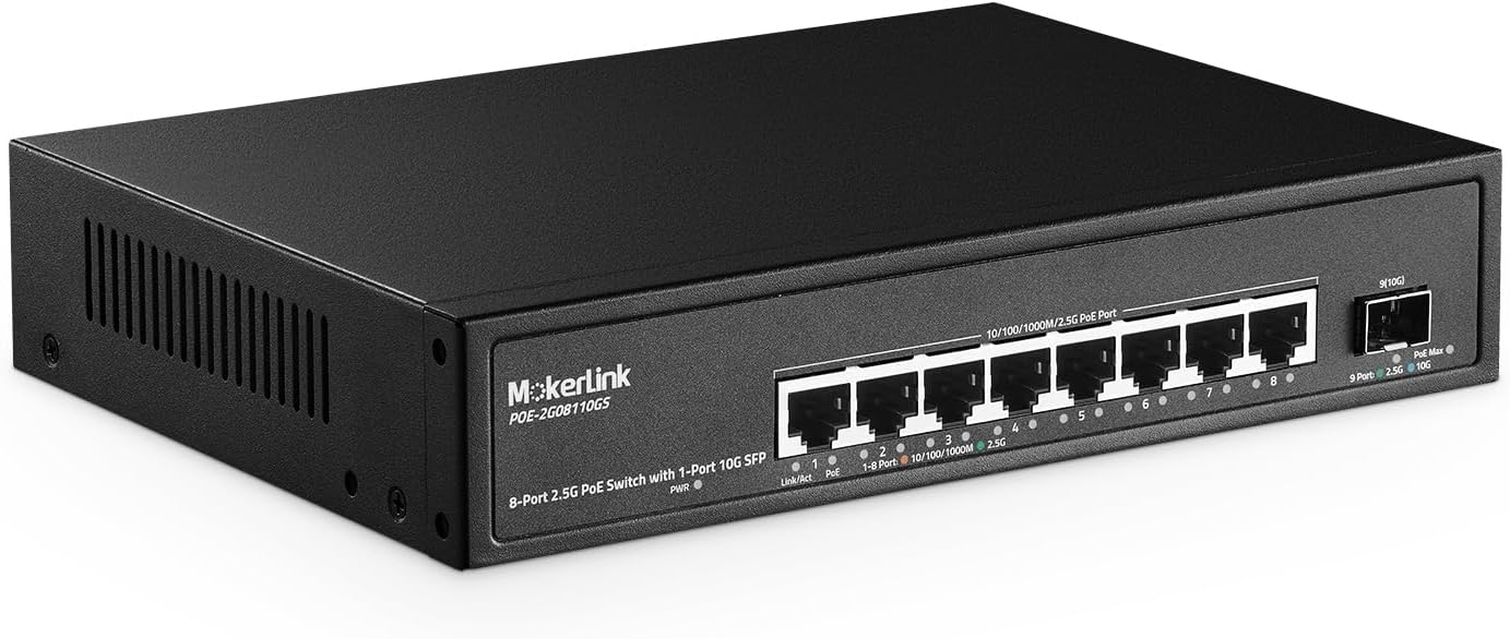 MokerLink 8 Port 2.5 Gigabit PoE Switch with 10G SFP, 8 x 2.5G Ethernet Ports, 8 Port PoE IEEE802.3af/at, 120W, Compatible with 10/100/1000Mbps, Unmanaged Fanless Wall Mountable Network Switch