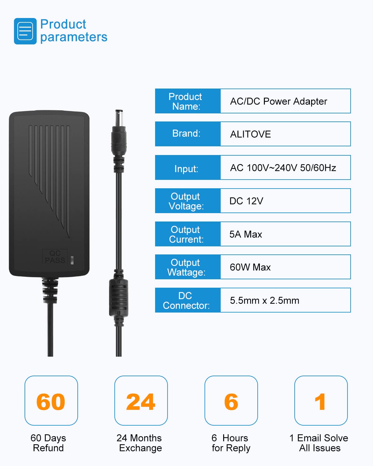 ALITOVE DC 12V 5A Power Supply Adapter Converter Transformer 60W AC 100-240V Input with 5.5x2.5mm DC Output Jack for 5050 3528 LED Strip Module Light - Image 2