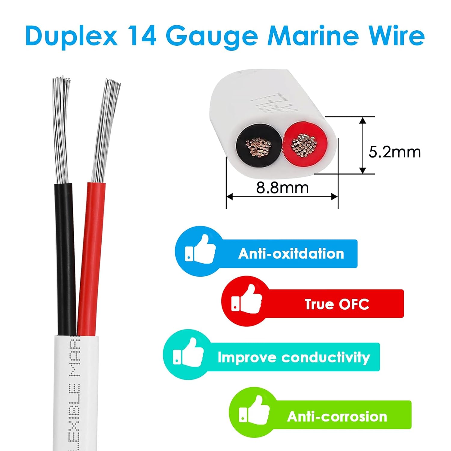 14 Gauge Duplex Marine Wire Tinned Copper Boat Cable, 100ft 14 AWG Standard USA OFC Oxygen Free Copper Wire for Automotive Boat Speakers Solar Outdoors - Image 2