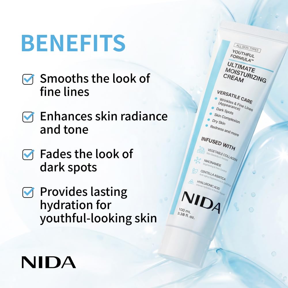 NIDA Youthful Formula™ Ultimate Moisturizing Cream | Centella Asiatica, Niacinamide, Hyaluronic Acid, Collagen | Wrinkles, Fine Lines, Dark Spots, Dry Skin, Redness | 3.38 fl. oz., 100ml - Image 2