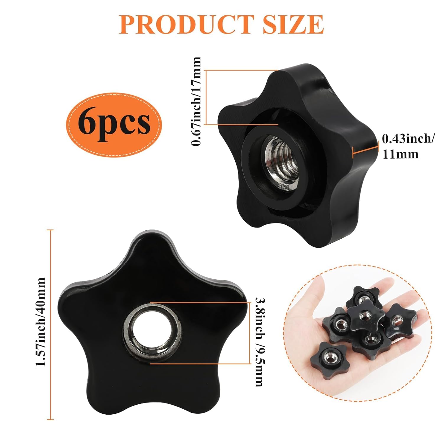 6 Pcs 3/8-16 Threaded Knob Nut, 5 Star Shaped Female Thread Knob with Sturdy PP and Stainless Steel Thread, Black Plastic Star Knobs Screw-On Clamping Knobs for Tool, Machinery & Equipment (3/8"-16) - Image 2