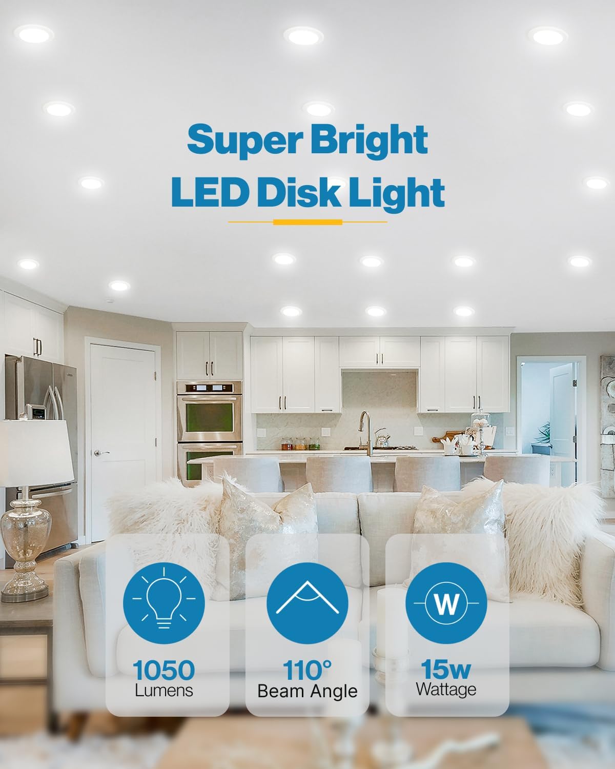 Sunco 5/6 Inch LED Disk Lights, Flush Mount Disc Recessed Ceiling Can Lighting, 1050 LM, 3000K Warm White, Dimmable, 15W=75W, Damp Rated ETL 4 Pack - Image 2