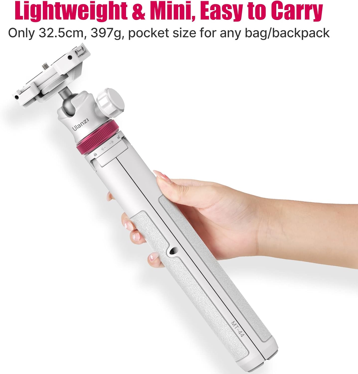 ULANZI MT-44 Extendable Phone Tripod, 59" Selfie Stick Portable Vlog Tripod Stand with 2 in 1 Phone Clip 1/4" Screw, 360° Ball Head Camera Tripod for DJI Pocket Sony Canon Action Fujifilm, White - Image 5