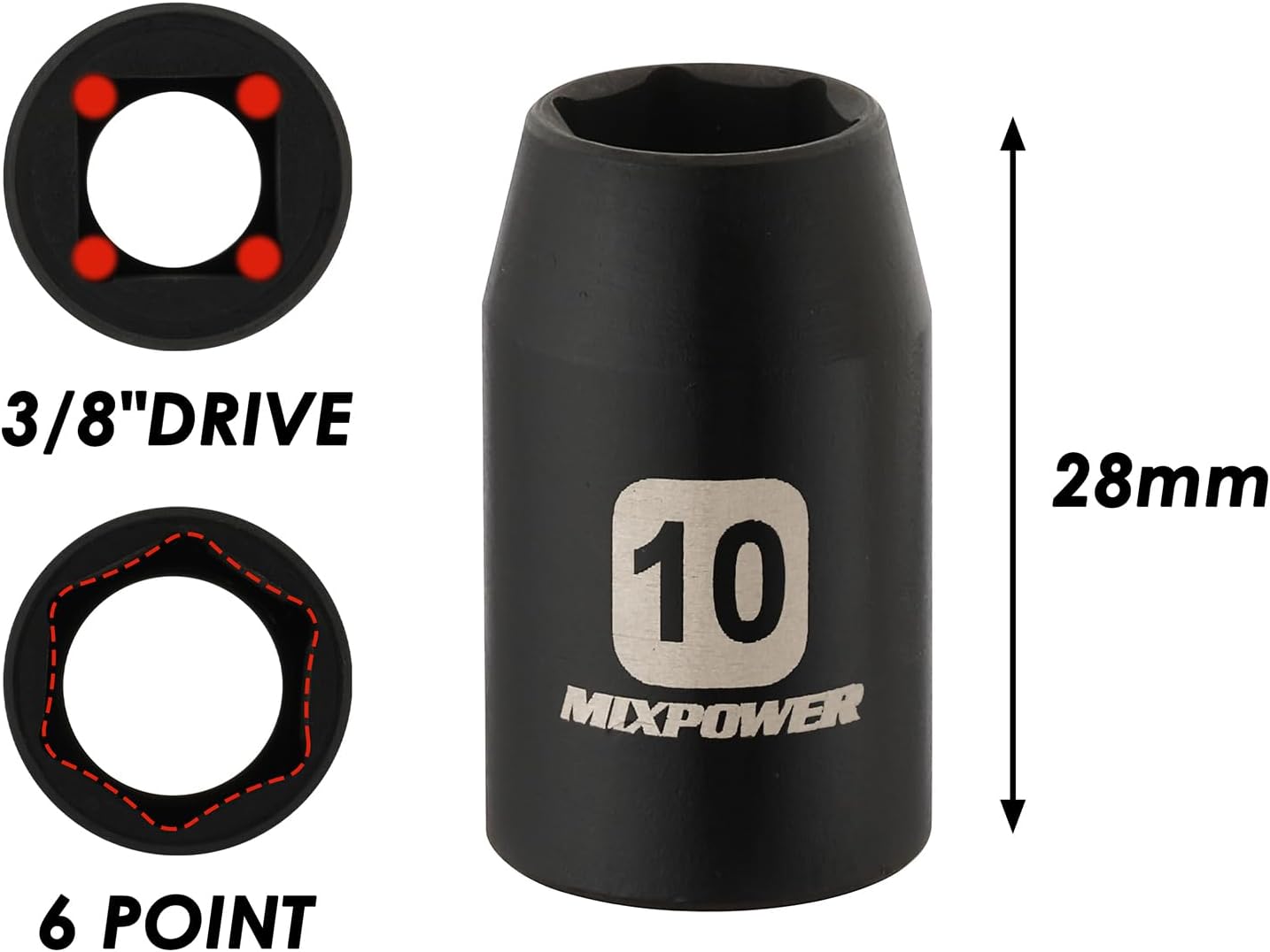 MIXPOWER 6PCS 3/8"Drive 10mm Deep&Shallow Socket, 6 Point & 12 Point, CR-V, Metric, Black Phosphate Finish… - Image 5