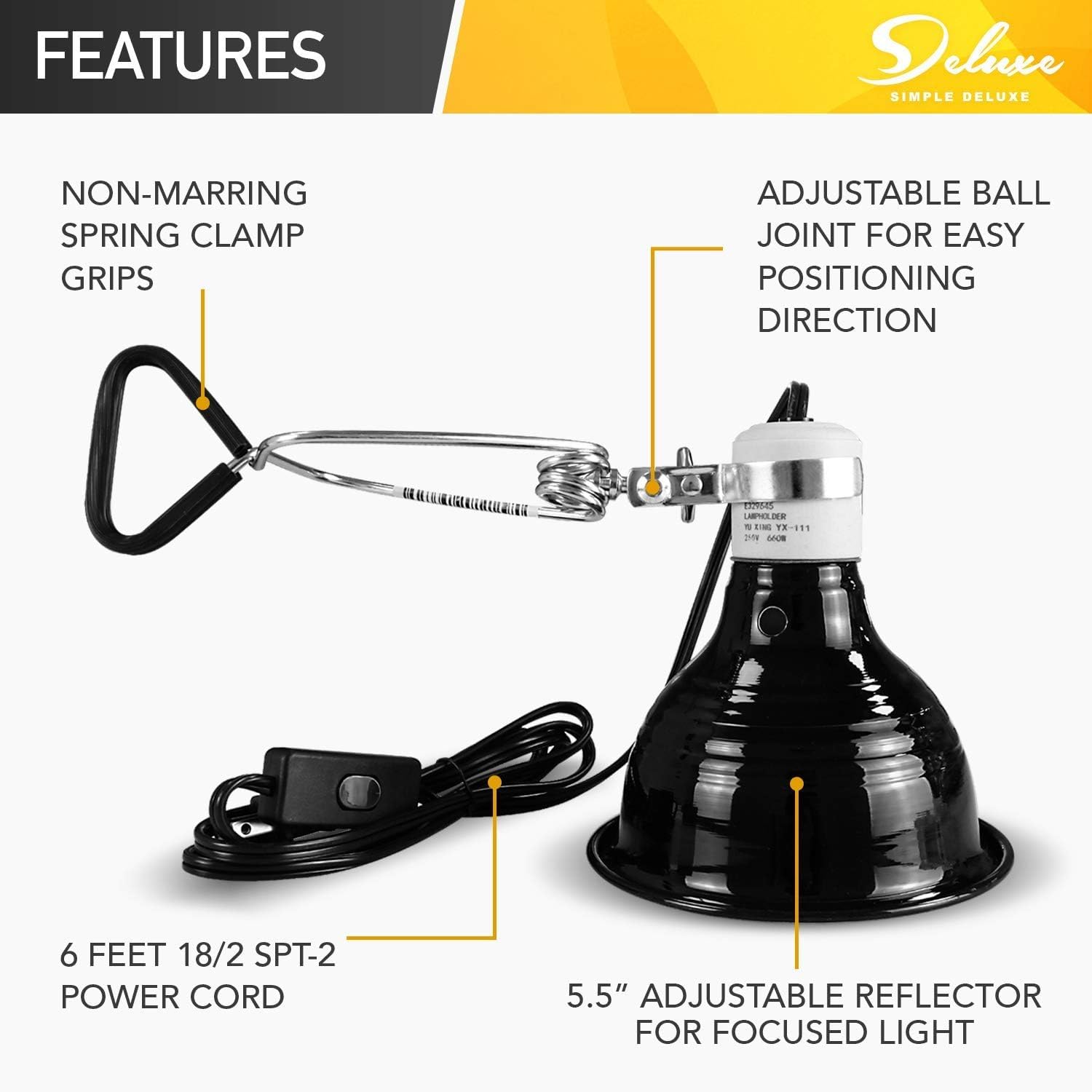 Simple Deluxe Reptile Clamp Lamp Light Fixture with 5.5 Inch Aluminum Reflector for Amphibian Pet, 60W Ceramic Lamp Cap(no Bulb Included), Black (Pack of 3) - Image 2