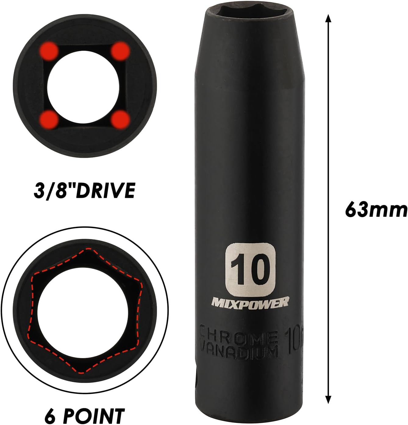 MIXPOWER 6PCS 3/8"Drive 10mm Deep&Shallow Socket, 6 Point & 12 Point, CR-V, Metric, Black Phosphate Finish… - Image 4