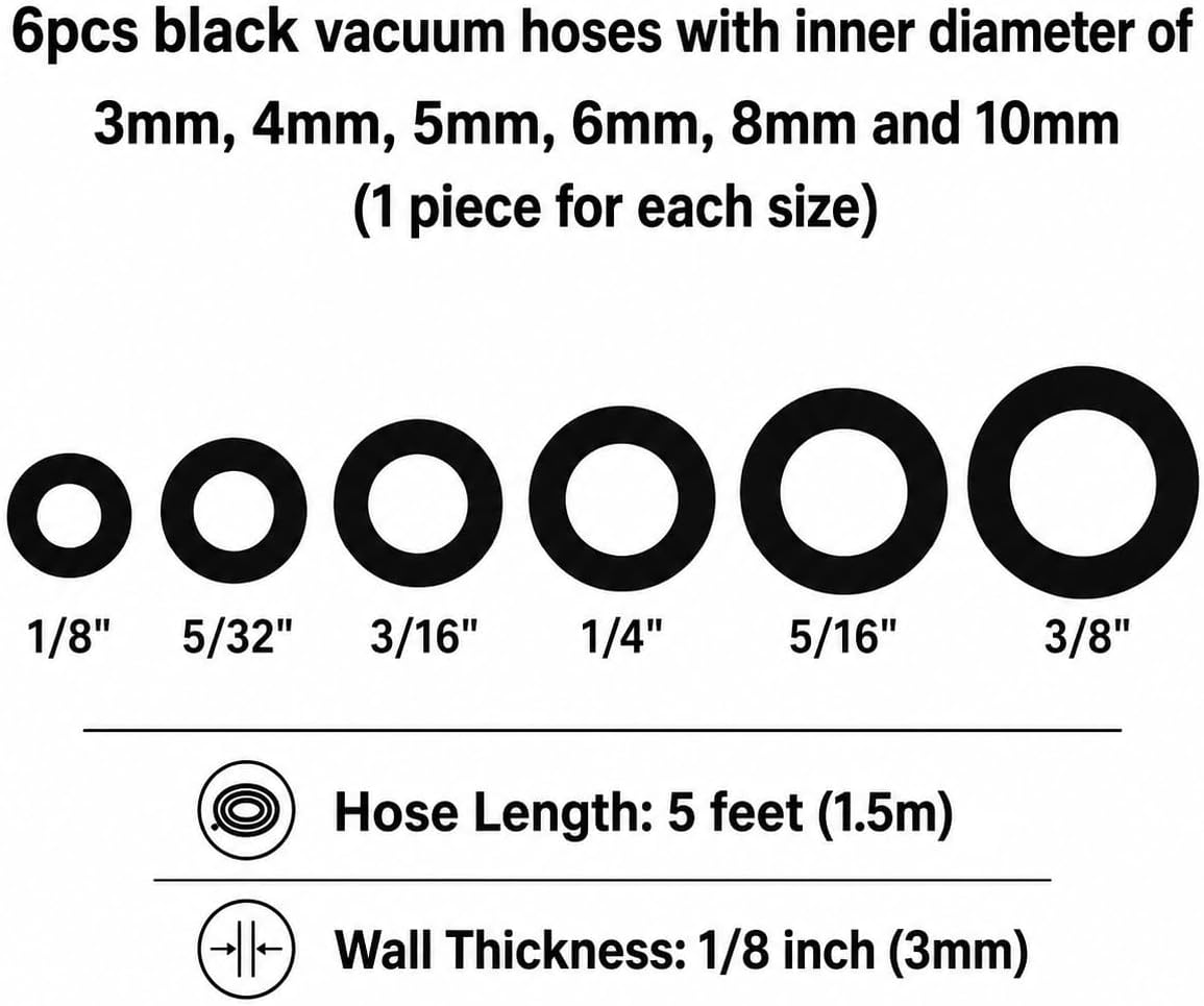Ucreative Silicone Vacuum Hose Kit 6PCS 5FT Tubing (1/8" to 3/8") High Performance Automotive Replacement (Black) - Image 2
