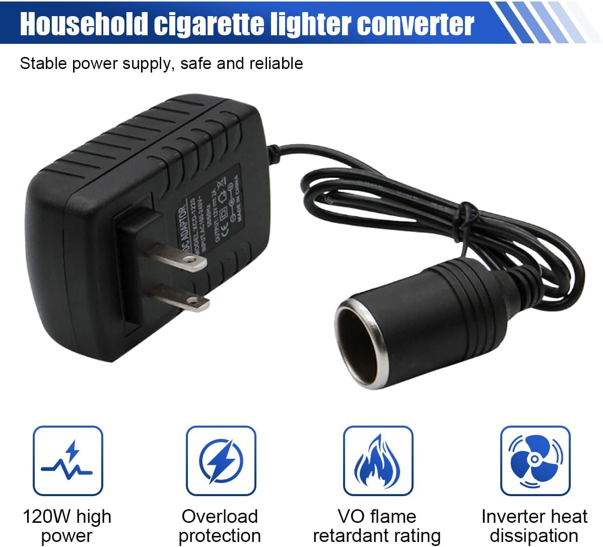 AC to DC Converter, 2A 24W Car Cigarette Lighter Socket Adapter to Wall Plug, Universal 110-240V to 12V DC Power Cable Transformer for Car Devices, Home Appliances - Image 3
