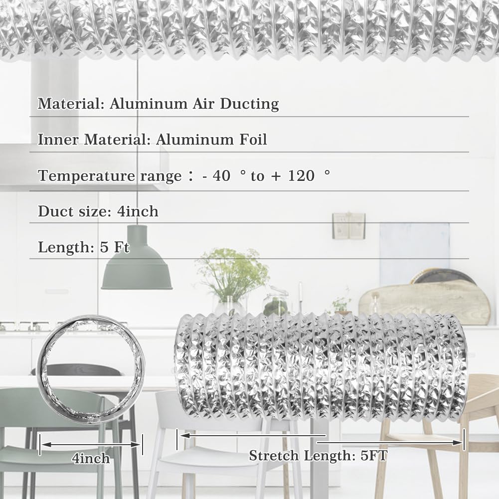Omont Dryer Vent Hose 4 Inch 5FT Flexible Dryer Ducting Tube Air Duct Aluminum Insulated Flex Hose Kit Indoor Outdoor - Image 2