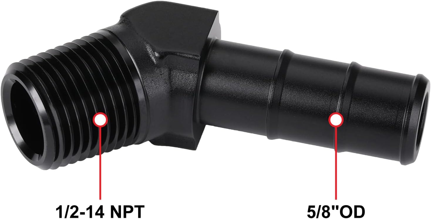 1/2 NPT Male to 5/8 Hose Barb Fitting Adapter 45 Degree Aluminum Black - Image 2