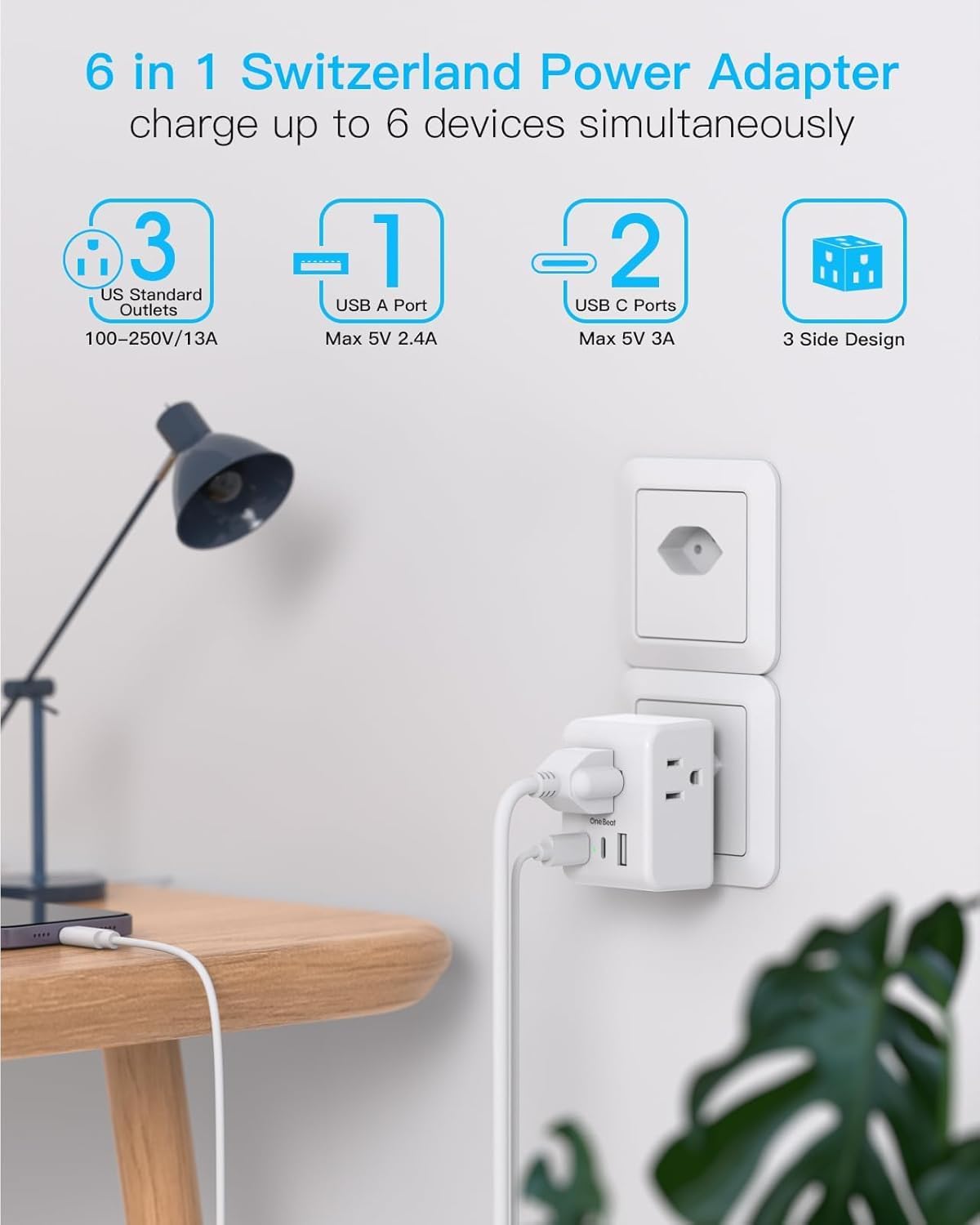 Switzerland Power Travel Plug Adapter, Type J Power Adapter with 2 Outlets 3 USB Ports(2 USB C) for US to Swiss Switzerland Liechtenstein Rwanda - Image 2