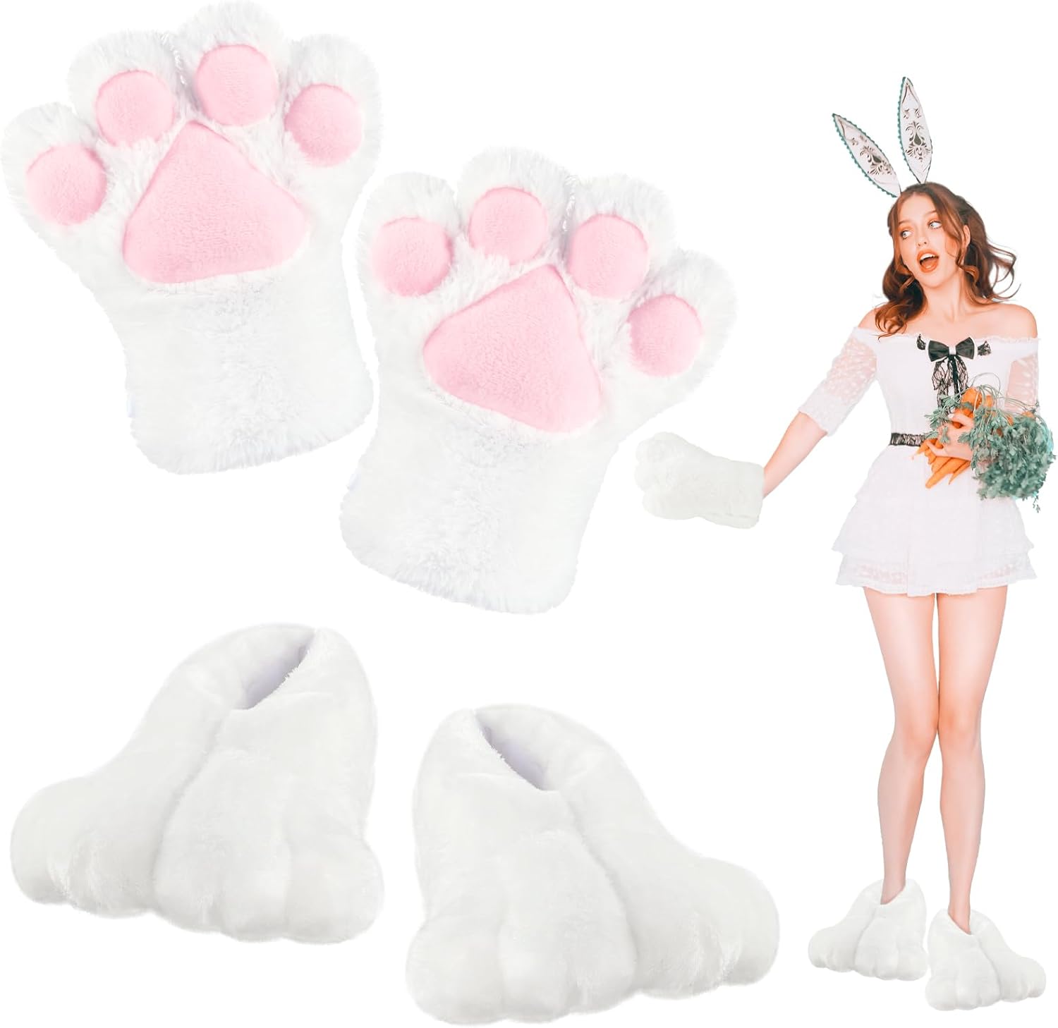 Giegxin 2 Pcs Easter Rabbit Costume Feet Hand Gloves Set White Plush Bunny Paws Shoes Slippers for Women Adult