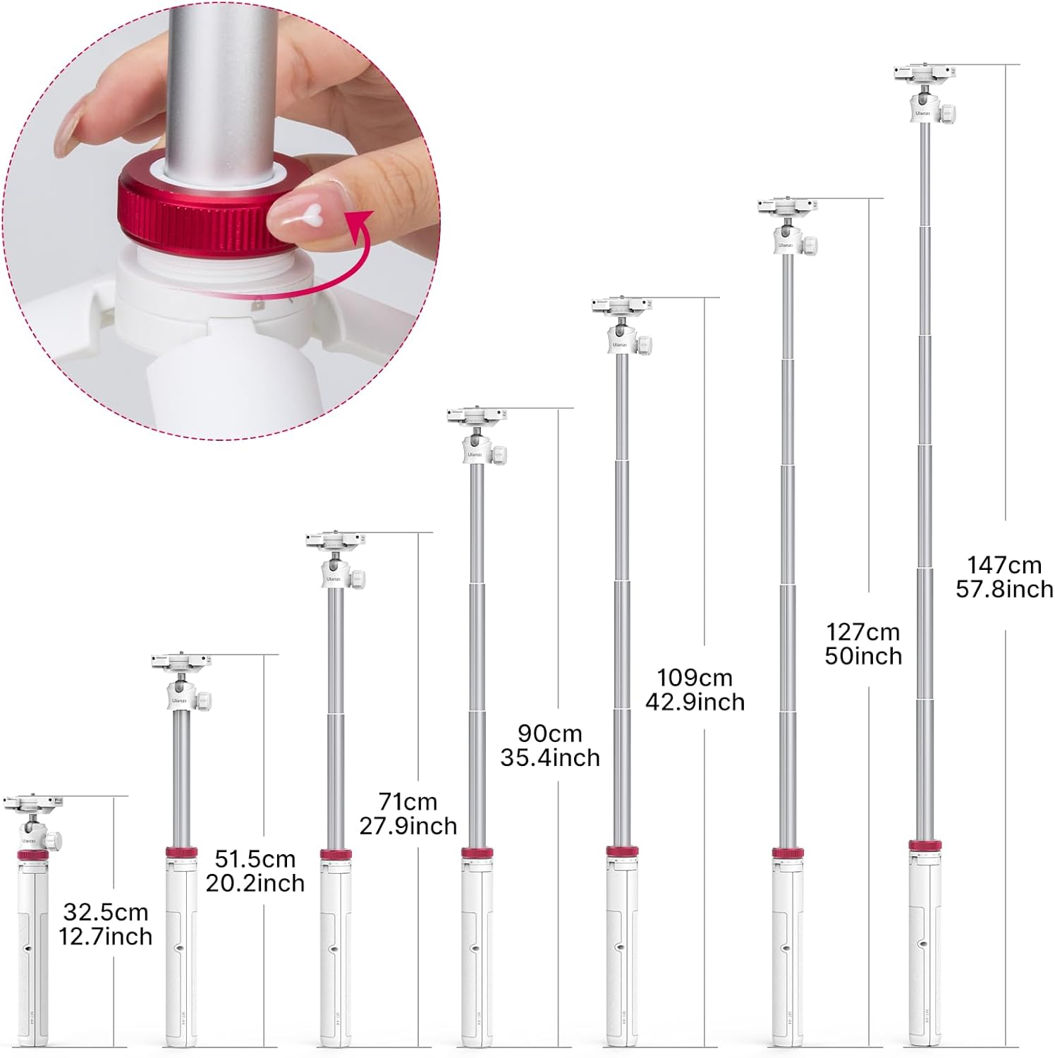 ULANZI MT-44 Extendable Phone Tripod, 59" Selfie Stick Portable Vlog Tripod Stand with 2 in 1 Phone Clip 1/4" Screw, 360° Ball Head Camera Tripod for DJI Pocket Sony Canon Action Fujifilm, White - Image 3