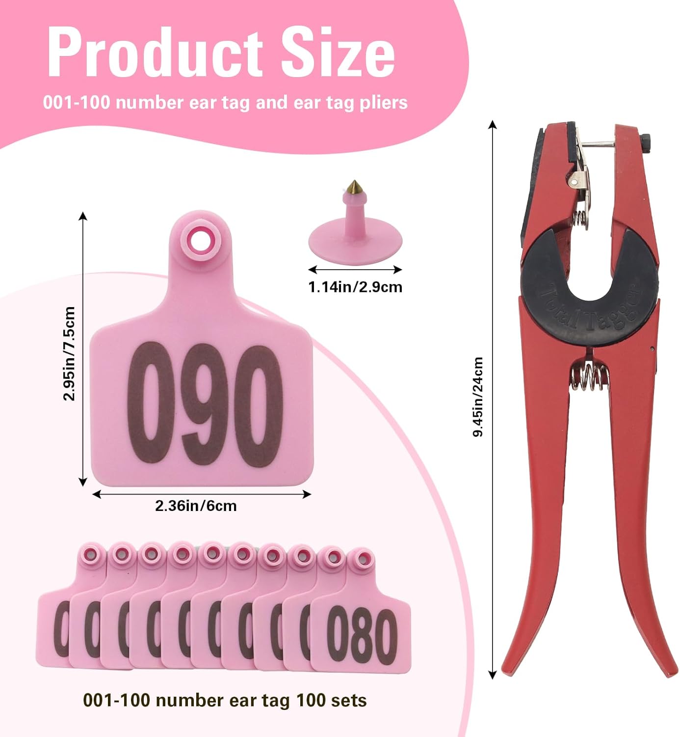 Cattle Ear Tags 001-100 Number Plastic Livestock Animal Tag for Cows Ear Tag Applicator Kit (Pink) - Image 2