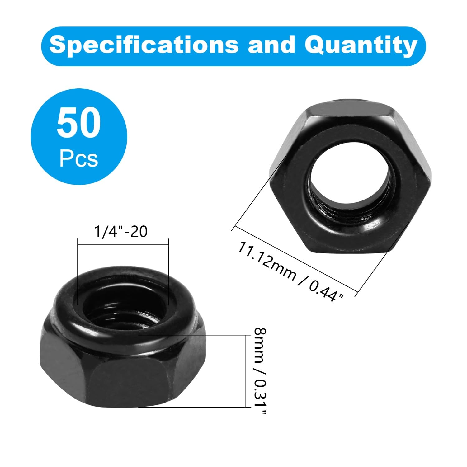 50Pcs 1/4"-20 Nylon Insert Hex Lock Nuts 304 Stainless Steel Locknuts Self-Locking Nut, Standard Inch Threaded Nylock Nuts, Hex Drive, Zinc Plated Black - Image 2