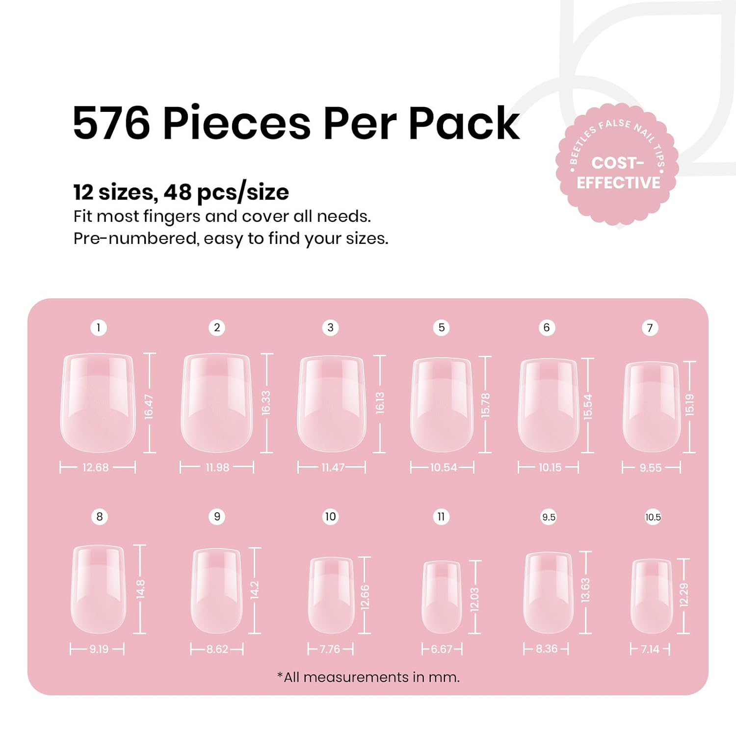 Beetles Short Square Nail Tips: 576PCS 12 Sizes XS Short Square Half Matte Clear False Acrylic Press on Nails Tips Pre-shape Full Cover Nail Tips Nail Extension DIY - Image 3