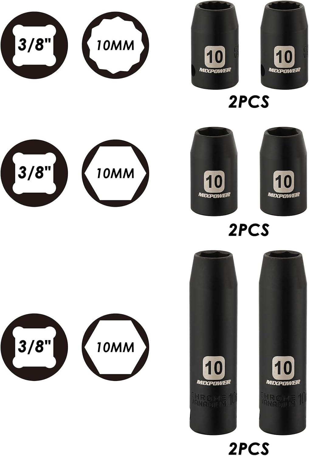 MIXPOWER 6PCS 3/8"Drive 10mm Deep&Shallow Socket, 6 Point & 12 Point, CR-V, Metric, Black Phosphate Finish… - Image 2